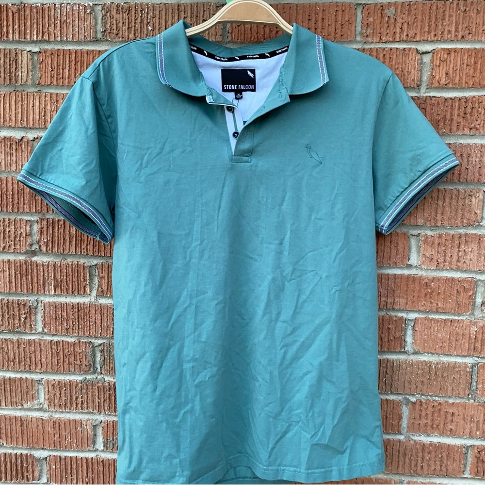 Stone Falcon Men’s Green Blue Performance Polo Shirt Golf Athleisure Size Medium